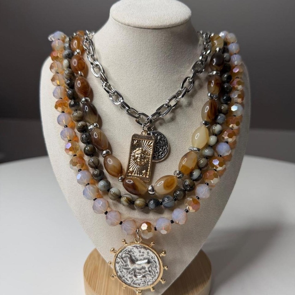 Boho Layered Agate Beaded Charm Necklace 925 Silver plated Gold Coin Pendant